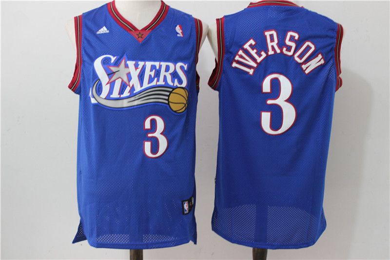 Men Philadelphia 76ers 3 Iverson Blue Throwback Adidas NBA Jersey